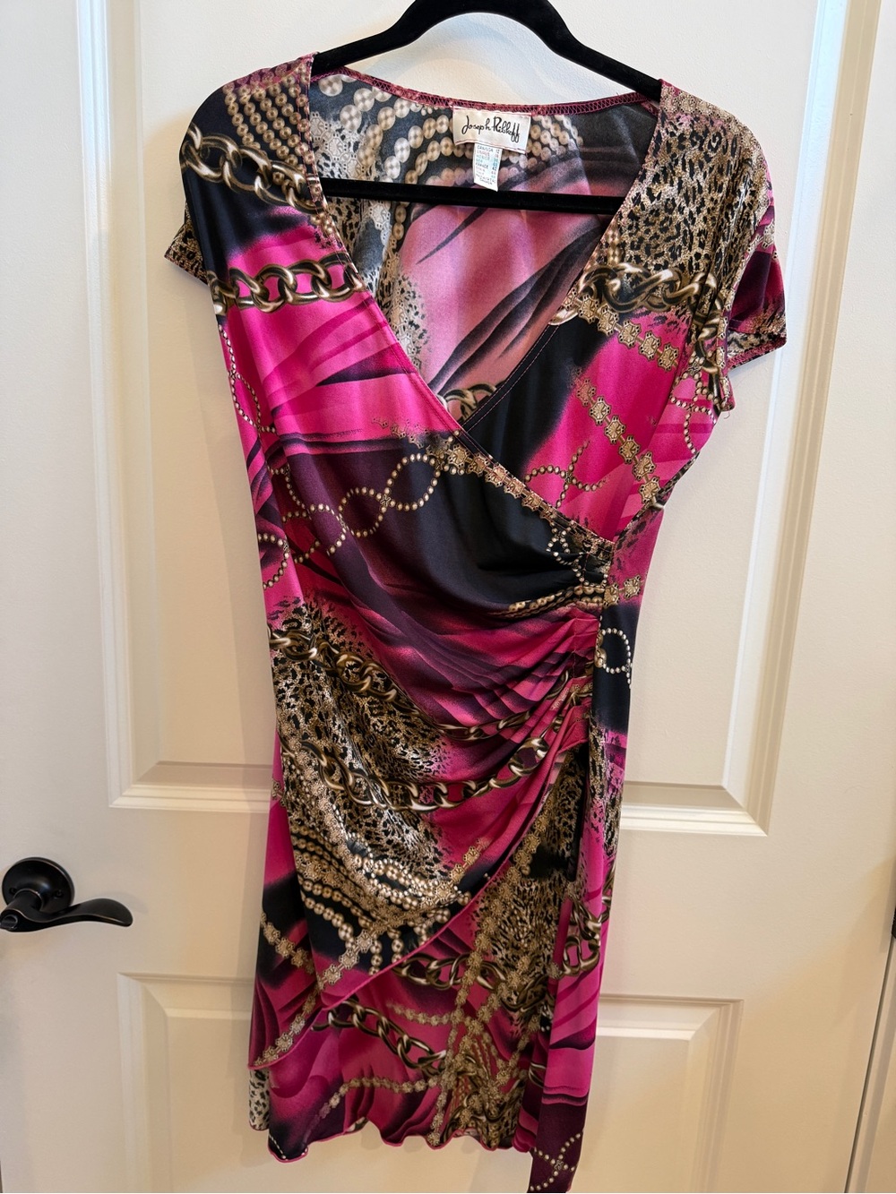 Joseph Ribkoff Hot Pink, Black & Gold Chain-Print Faux-Wrap Mini Dress